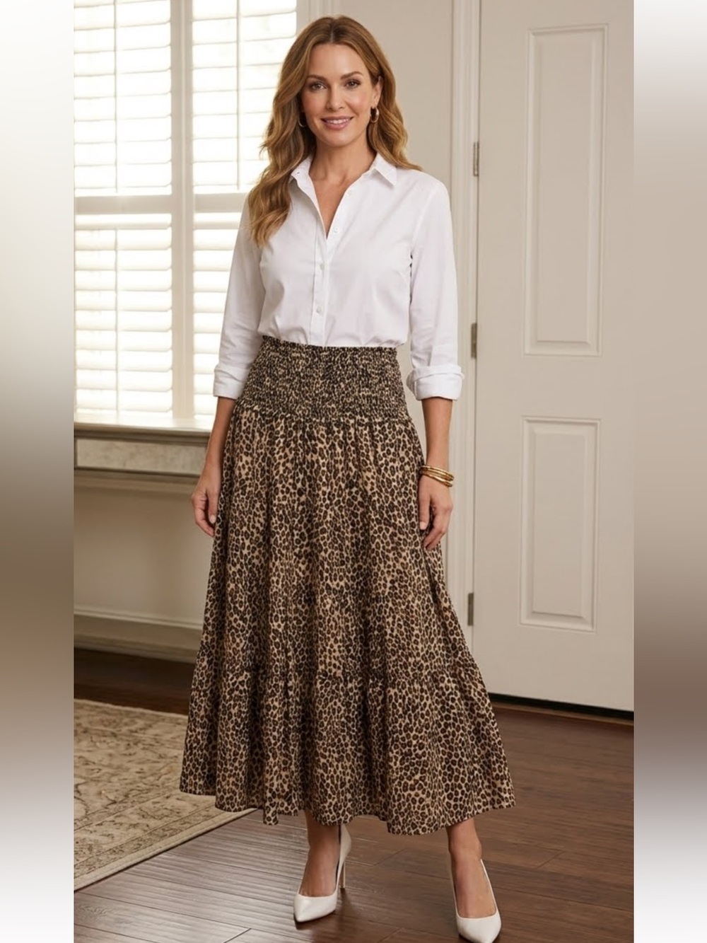 Ralph Lauren Cotton Leopard Print Tiered Smocked Waist Full Maxi Skirt Medium